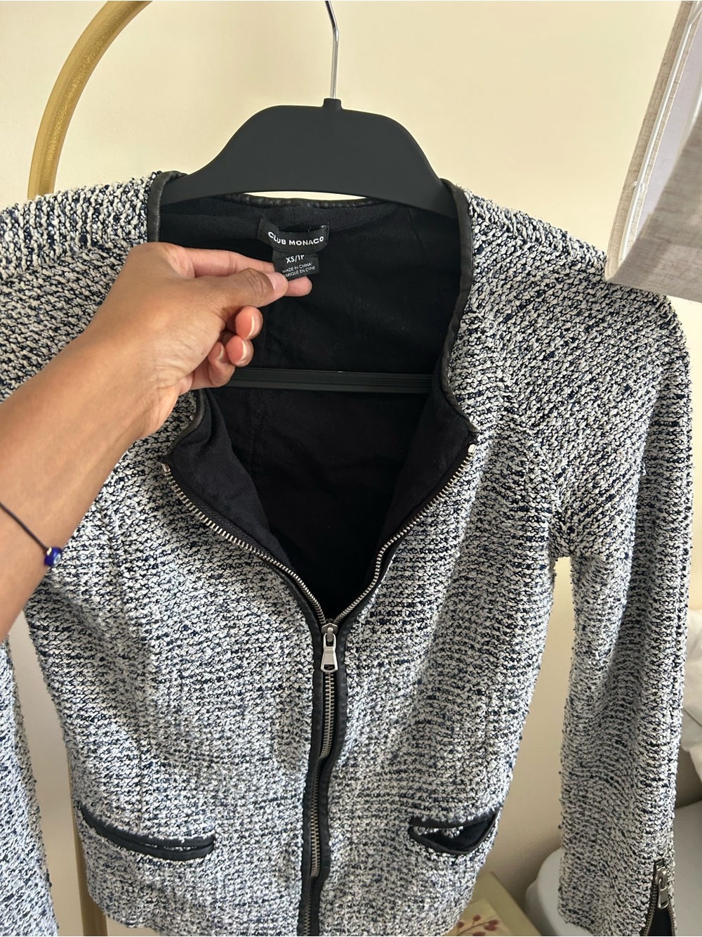 Club Monaco Black and White Textured Zip Front Jacket